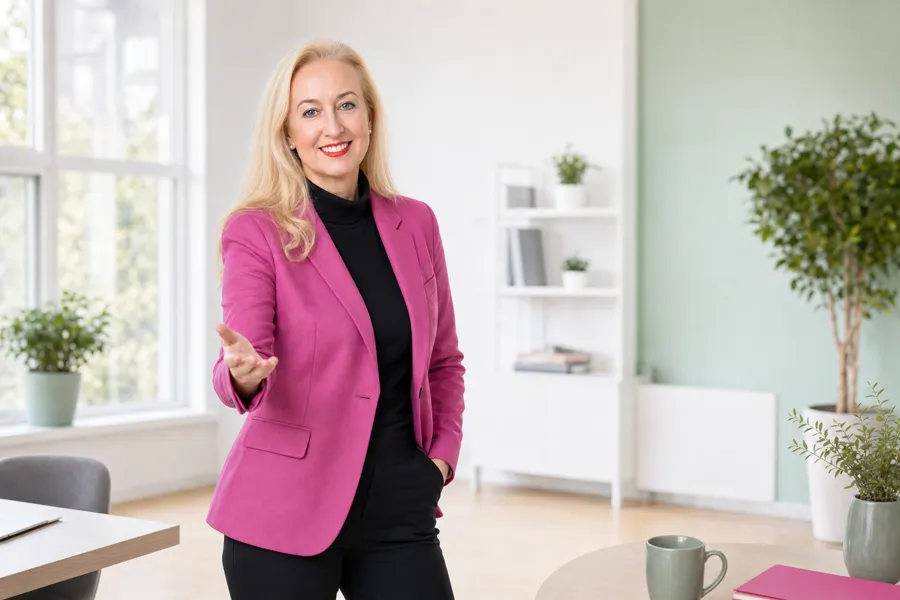 Melanie Gobbo in einladender Geste, lädt zum Gespräch ein