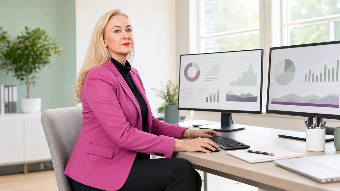 Melanie Gobbo arbeitet an zwei Monitoren mit Abrechnungs-Auswertungen in einem hellen Praxis-Büro